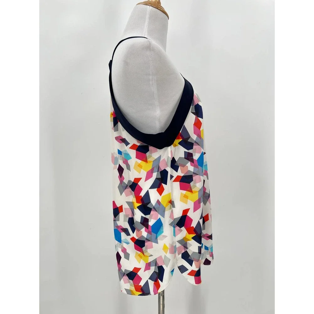 TRINA TURK Shirt Womens Small White Navy Silk Top Multicolored Geo Print Halter - Picture 3 of 9